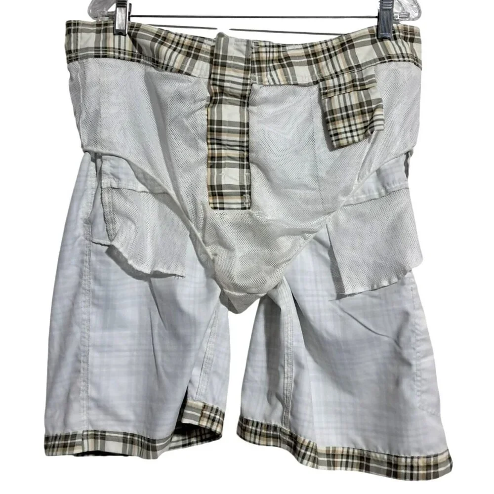 Chaps Plaid Swim Trunks Mens XL Beige White Polyester Mesh‎ Lined Drawstring